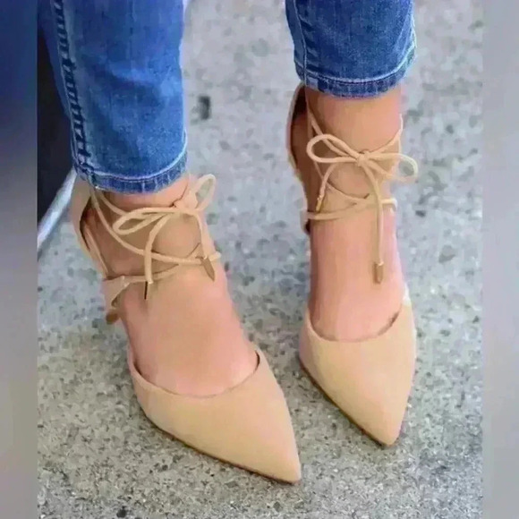 Lulus Shoes - Lulus Size 10 Dani Nude Suede Lace-Up Heels